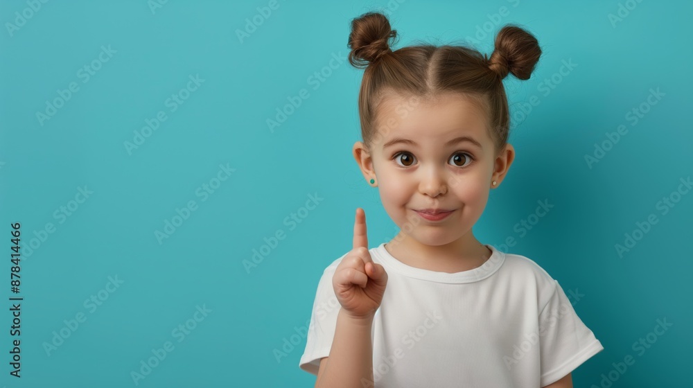A young girl with pigtails and a white shirt is pointing to the sky. Concept of curiosity and wonder, as the girl looks up at the sky with a sense of excitement