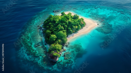 Drone view of a picturesque island with white sandy beaches, turquoise waters, and a coral reef surrounding it, making it a perfect paradise for nature lovers and vacationers