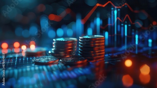 3d coin stack with rising blue finance graph investment growth and success concept market technology illustration