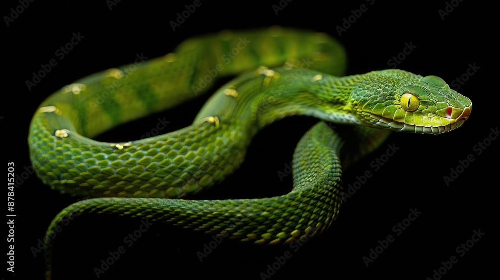 Green Tree Viper with Yellow Eyes and Black Background Green Tree Viper with Yellow Eyes and Black Background