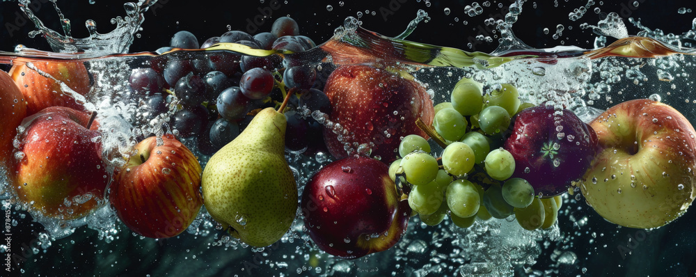 Freshly picked apples, pears, and grapes, floating in the air with water splashes, emphasizing their crispness and natural sweetness. Freshly picked apples, pears, and grapes, floating in the air with water splashes, emphasizing their crispness and natural sweetness.