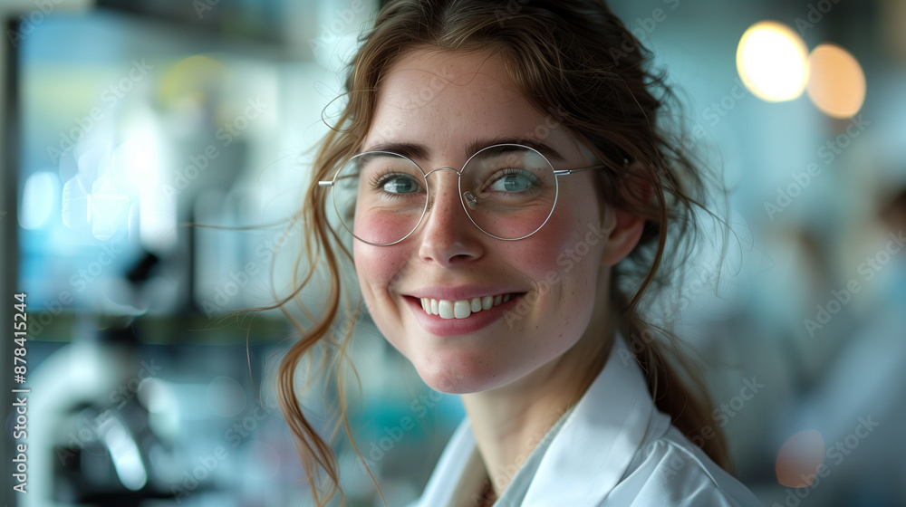 A young researcher with glasses in a lab setting