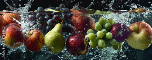 Freshly picked apples, pears, and grapes, floating in the air with water splashes, emphasizing their crispness and natural sweetness. photo