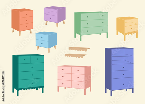 Set of trendy  of drawers in scandinavian style. Modern furniture. bedside table set. Vector. Furniture icon in flat design. Wooden textured dresser, commode. Cartoon house equipment for bedroom,
