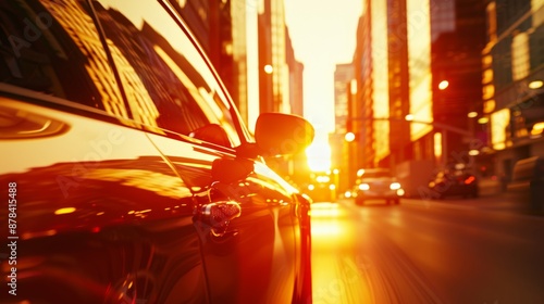 Luxury car is driving down a city street at sunset, reflecting the buildings in its windows. The sun is setting behind the buildings, creating a warm glow