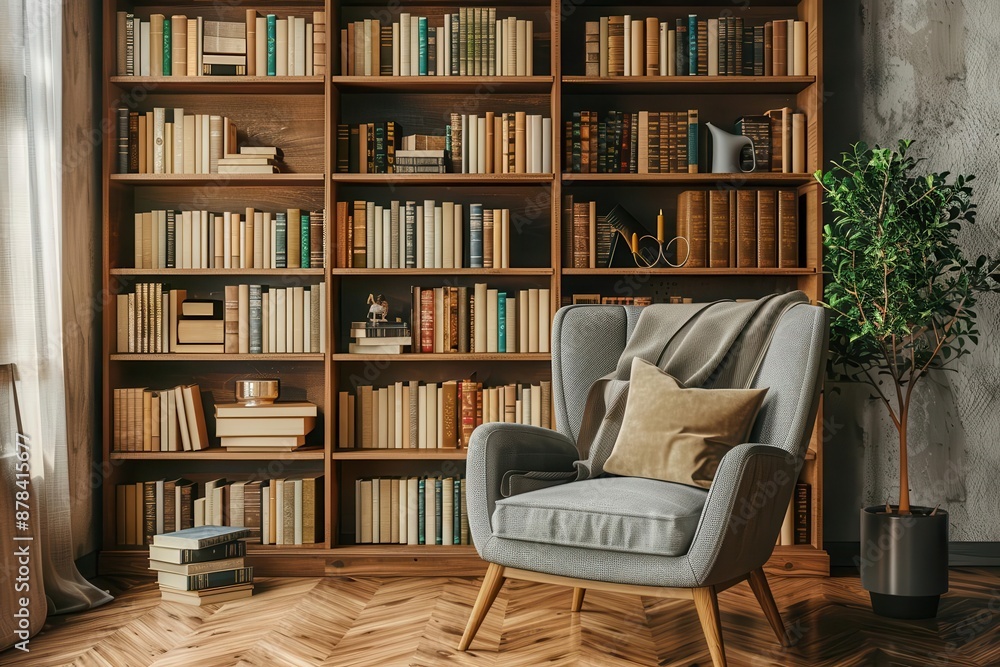 scandinavian bookcase with armchair in cozy modern room interior stylish home library 3d rendering scandinavian bookcase with armchair in cozy modern room interior stylish home library 3d rendering