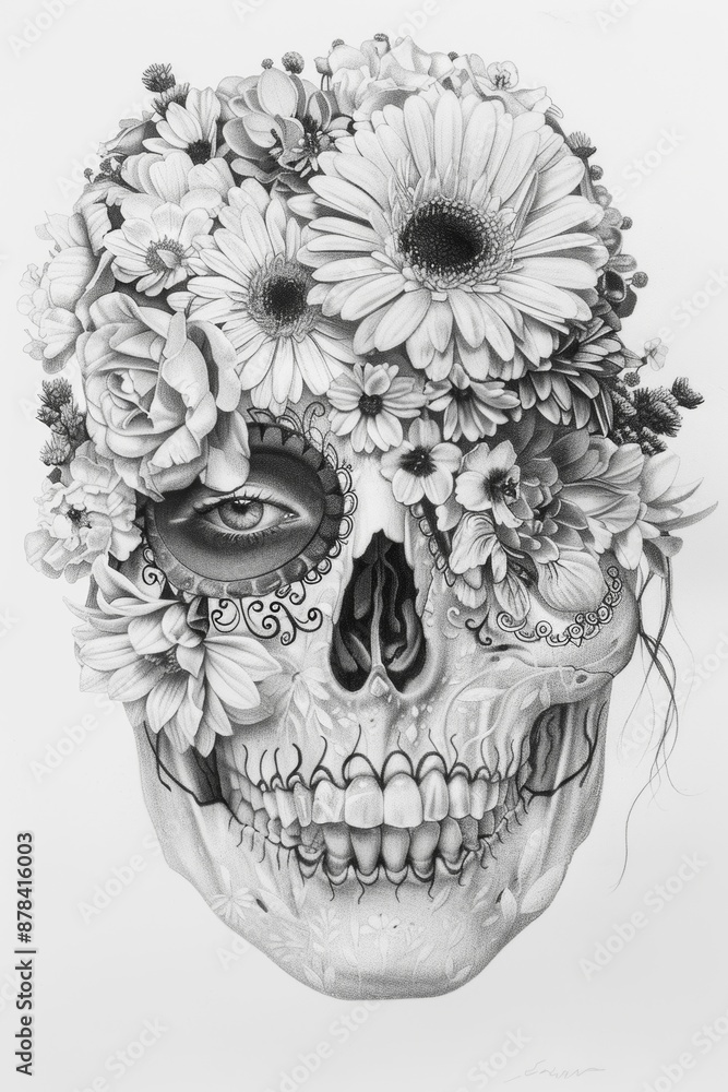 Fototapeta premium Intricate Graphite Sketch of Textured Sugar Skull Face with Floral Details