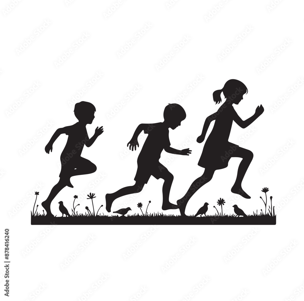 Fototapeta premium Little kids running silhouettes vector illustration