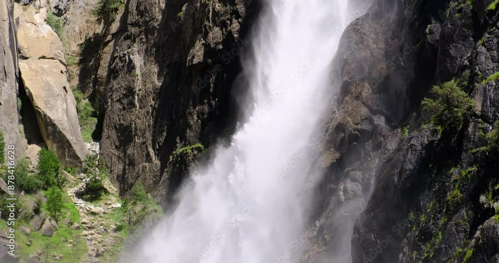 close up Yosemite Falls waterfall flowing water in Yosemite National Park in California, USA close up Yosemite Falls waterfall flowing water in Yosemite National Park in California, USA