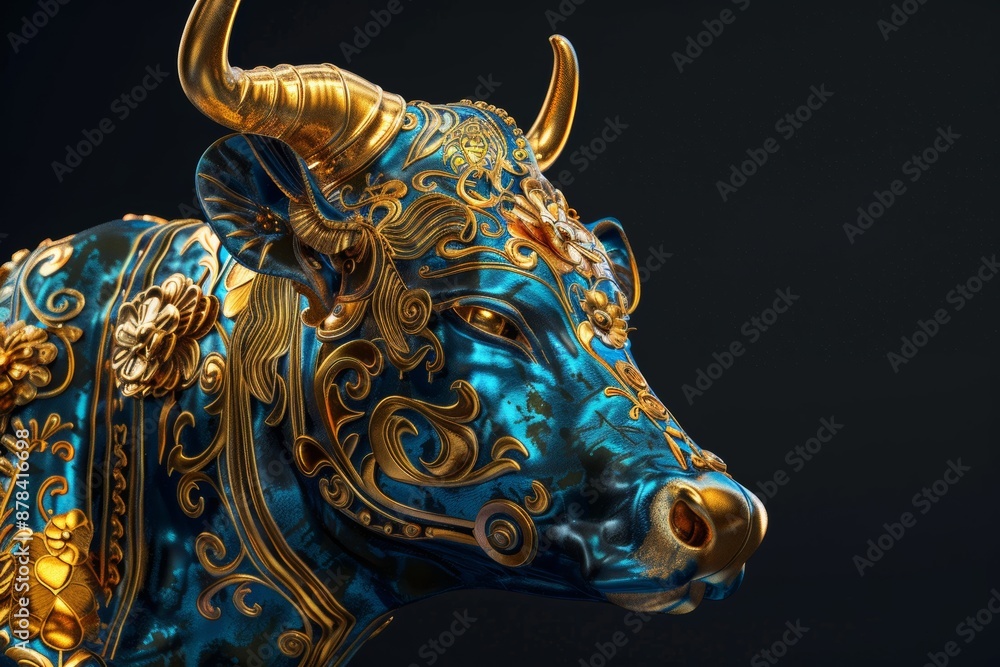 Intricately designed cow statue with vibrant colors and patterns, set against a black background, highlighting its craftsmanship. Intricately designed cow statue with vibrant colors and patterns, set against a black background, highlighting its craftsmanship.