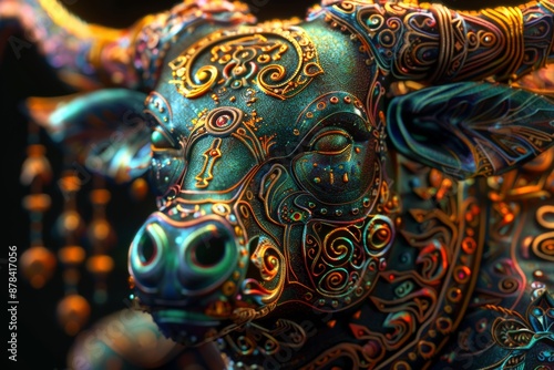 Wallpaper Mural Intricately designed cow statue with vibrant colors and patterns, set against a black background, highlighting its craftsmanship. Torontodigital.ca