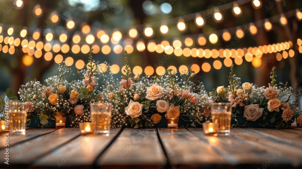 Enchanting outdoor wedding reception with floral arrangements and string lights illuminating a cozy table setting, perfect for celebrations. Enchanting outdoor wedding reception with floral arrangements and string lights illuminating a cozy table setting, perfect for celebrations.