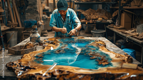 A carpenter designing a table with a wood slab and epoxy resin