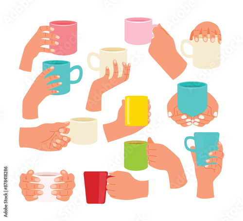 Set of Human hand is holding ceramic cup or mug with coffee or tea, coffee cup concept, Flat vector illustration of hand holds a hot mug by the handle, Beverages and drinks concept.