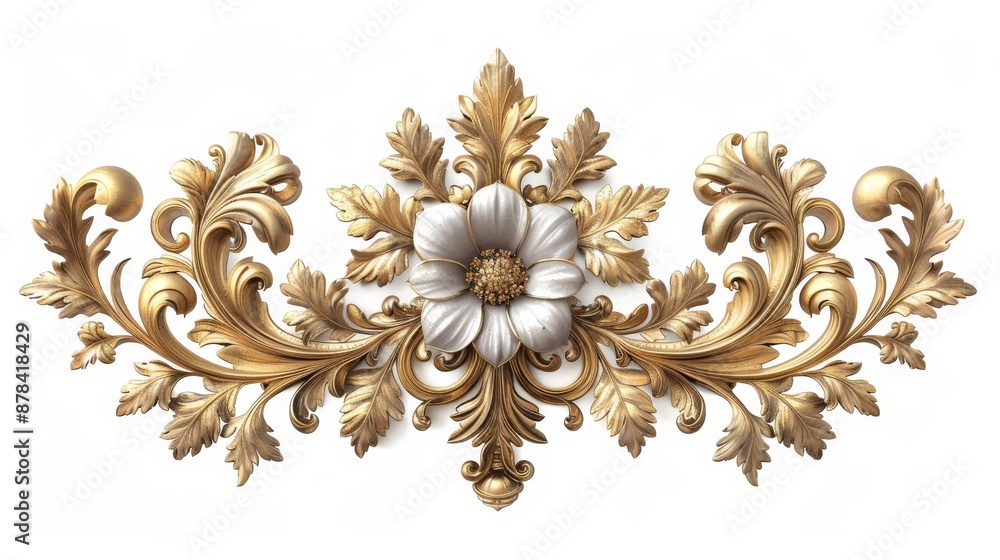 Golden floral ornament in baroque style isolated on white background. Ideal for interior design, textile, ceramics, packaging Golden floral ornament in baroque style isolated on white background. Ideal for interior design, textile, ceramics, packaging