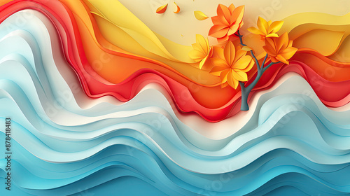 Fototapeta Naklejka Na Ścianę i Meble -  Elegant colorful with vibrant flower hanging branches illustration background. Bright color 3d abstraction wallpaper for interior mural, Generated by AI	