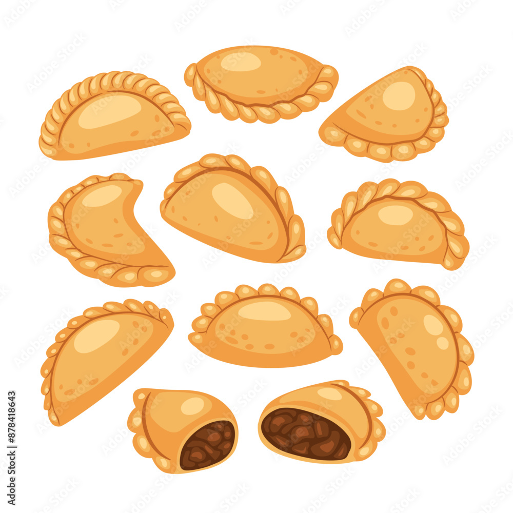 Set of curry puffs collection, Argentine empanada, Pastel Goreng Indonesian Traditional Snack, asian dessert, Street food snack with curried fillings. Singaporean cuisine, isolated on white background Set of curry puffs collection, Argentine empanada, Pastel Goreng Indonesian Traditional Snack, asian dessert, Street food snack with curried fillings. Singaporean cuisine, isolated on white background