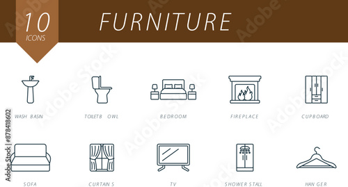 Furniture outline icons set. Creative icons: washbasin, toilet bowl, bedroom, fireplace, cupboard, sofa, curtains, tv, shower stall, hanger.