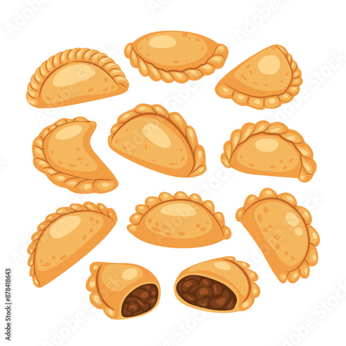 Set of curry puffs collection, Argentine empanada, Pastel Goreng Indonesian Traditional Snack, asian dessert, Street food snack with curried fillings. Singaporean cuisine, isolated on white background