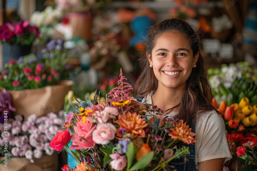 A young woman is holding a bouquet of flowers in a flower shop A young woman is holding a bouquet of flowers in a flower shop