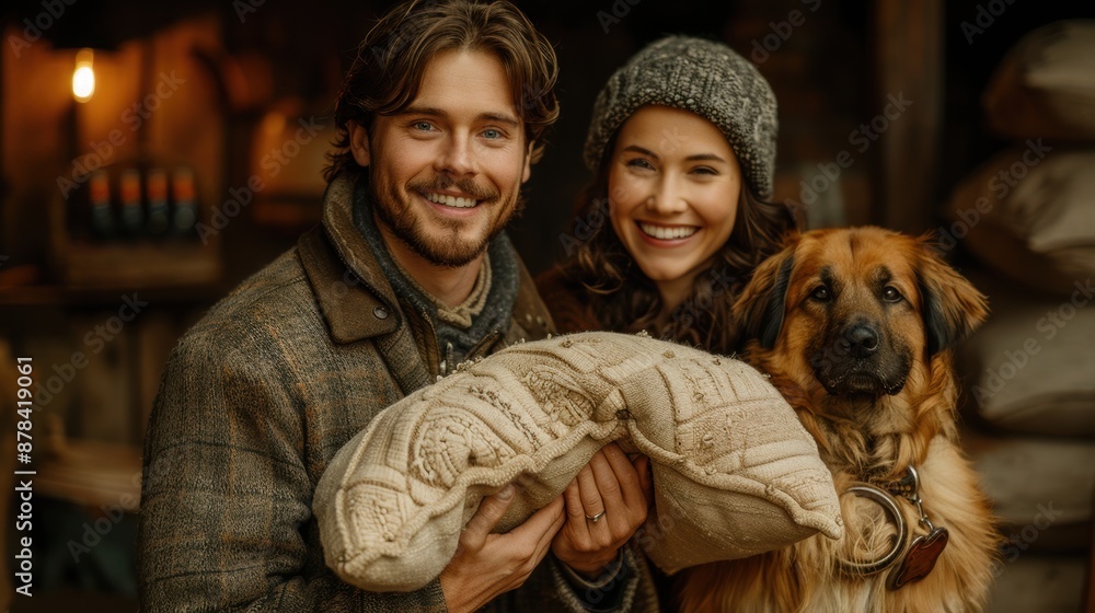 Happy couple and their dog posing inside a cozy rustic setting, holding a wrapped gift, smiling at the camera. Happy couple and their dog posing inside a cozy rustic setting, holding a wrapped gift, smiling at the camera.