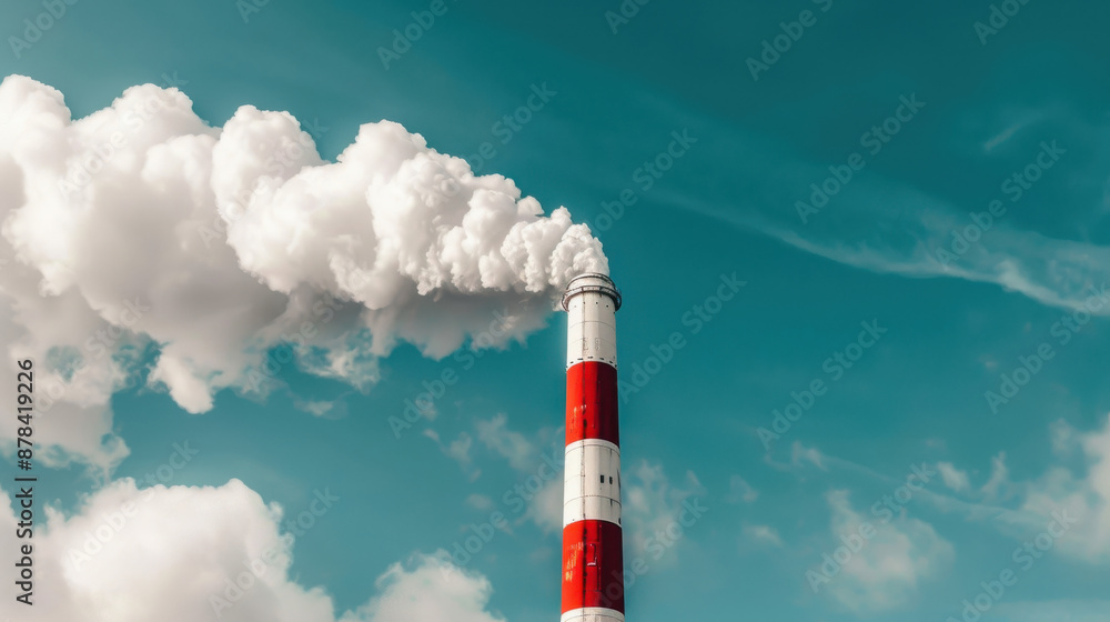 Red and white smokestacks emitting exhaust against a blue sky, illustrating industrial emissions and environmental impact Red and white smokestacks emitting exhaust against a blue sky, illustrating industrial emissions and environmental impact