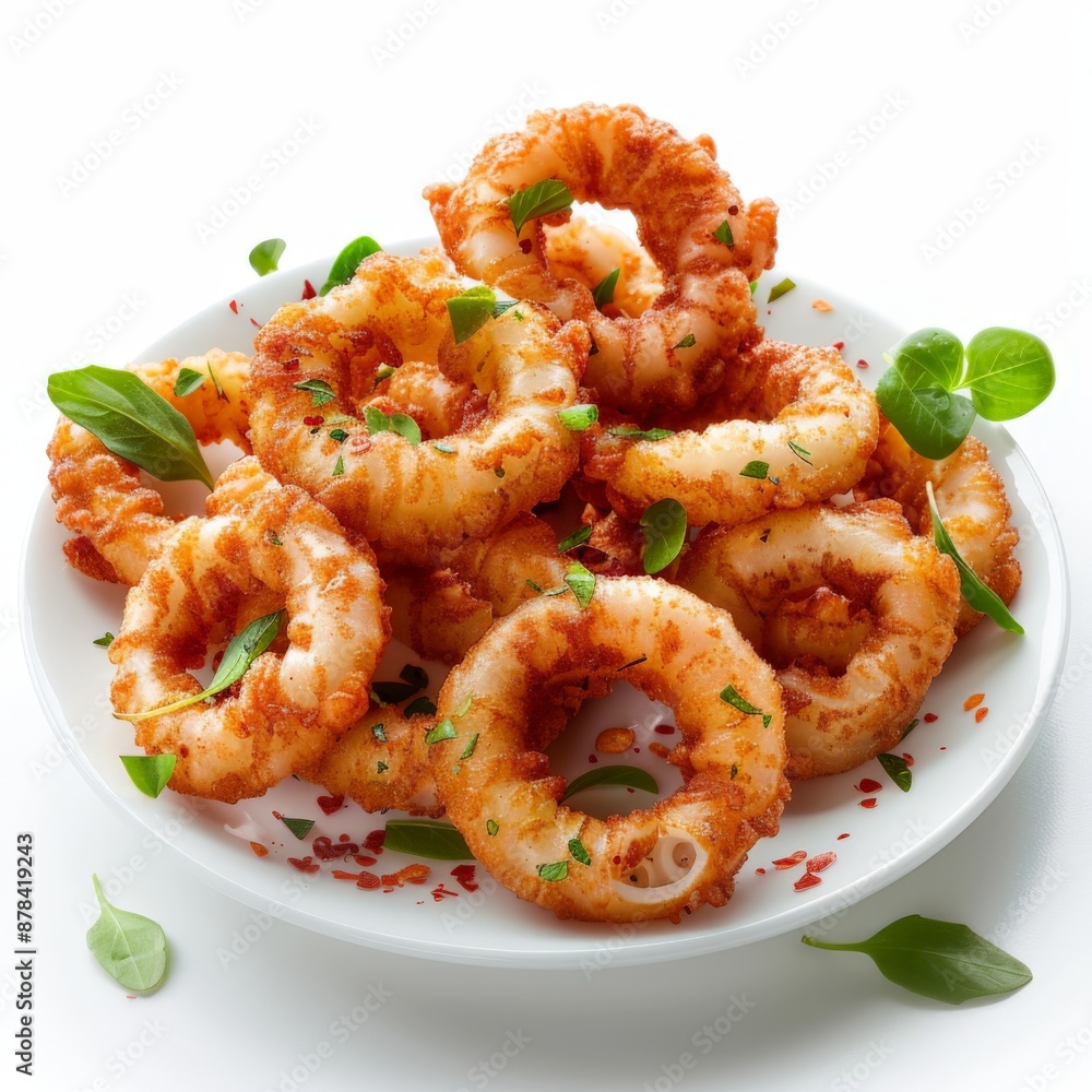 High-resolution image of fried calamari rings garnished with herbs, served on a white plate. High-resolution image of fried calamari rings garnished with herbs, served on a white plate.