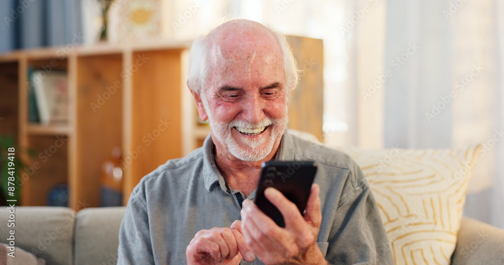 Senior man, home and happy with smartphone for online gambling with rewards and winning. Sofa, living room and smile or excited for website or mobile app for games, social media and pension funds Senior man, home and happy with smartphone for online gambling with rewards and winning. Sofa, living room and smile or excited for website or mobile app for games, social media and pension funds