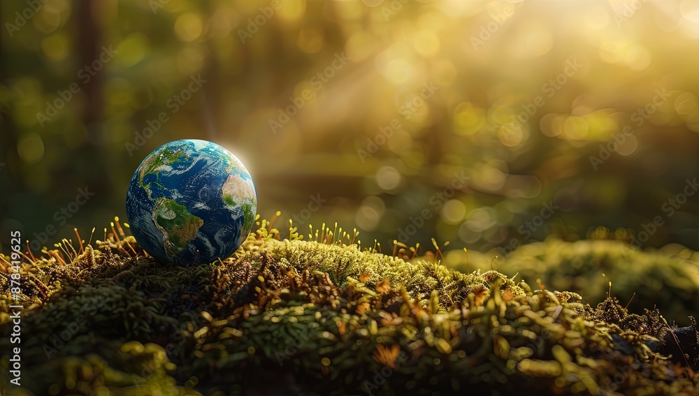 Lush Green Planet Earth with Tree Growing on Moss in Forest Nature Background, Highlighting Environment, Ecology, and World Earth Day Concepts. Green Globe Model Made of Grass or Leaves with Sunlight Lush Green Planet Earth with Tree Growing on Moss in Forest Nature Background, Highlighting Environment, Ecology, and World Earth Day Concepts. Green Globe Model Made of Grass or Leaves with Sunlight
