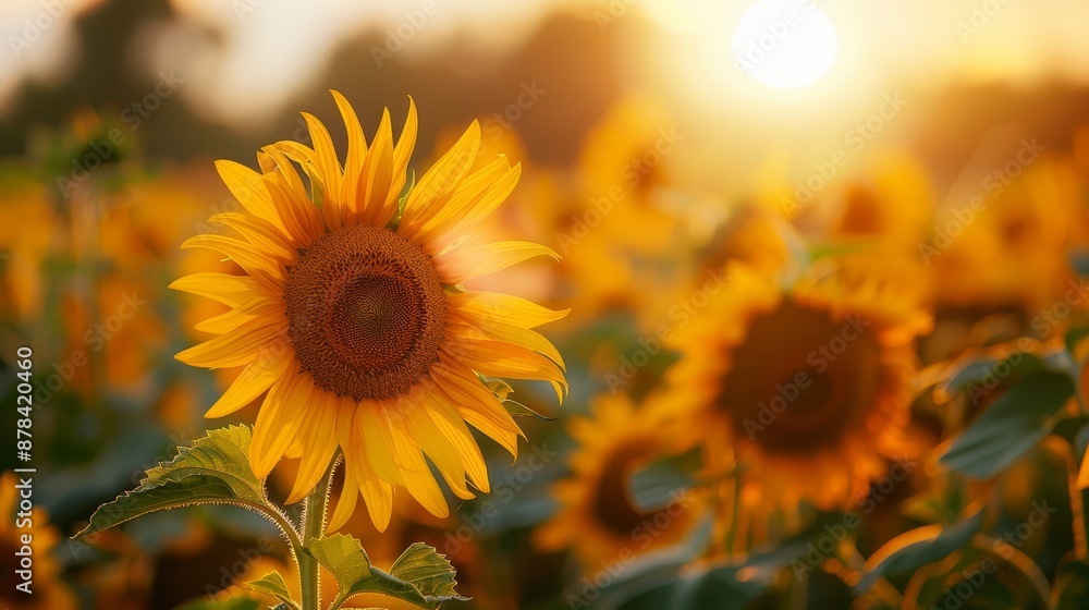 Fototapeta premium An agricultural farm with a field of blooming sunflowers close up, focus on, natures beauty, realistic, composite, summer backdrop