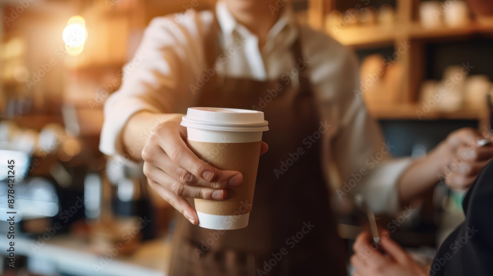 A close-up photograph of a barista handing a cup of coffee to a working professional, showing their hands and the coffee cup A close-up photograph of a barista handing a cup of coffee to a working professional, showing their hands and the coffee cup