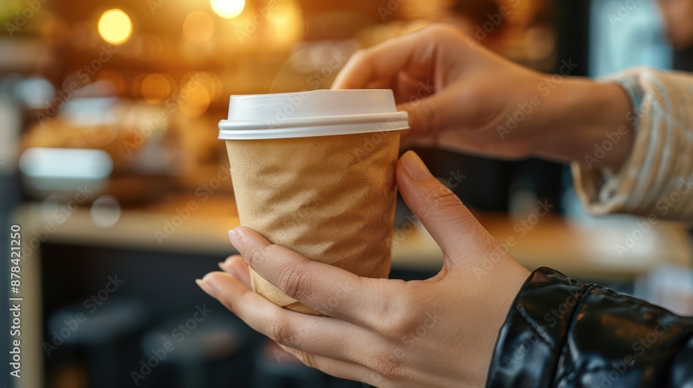 A close-up photograph of a barista handing a cup of coffee to a working professional, showing their hands and the coffee cup A close-up photograph of a barista handing a cup of coffee to a working professional, showing their hands and the coffee cup