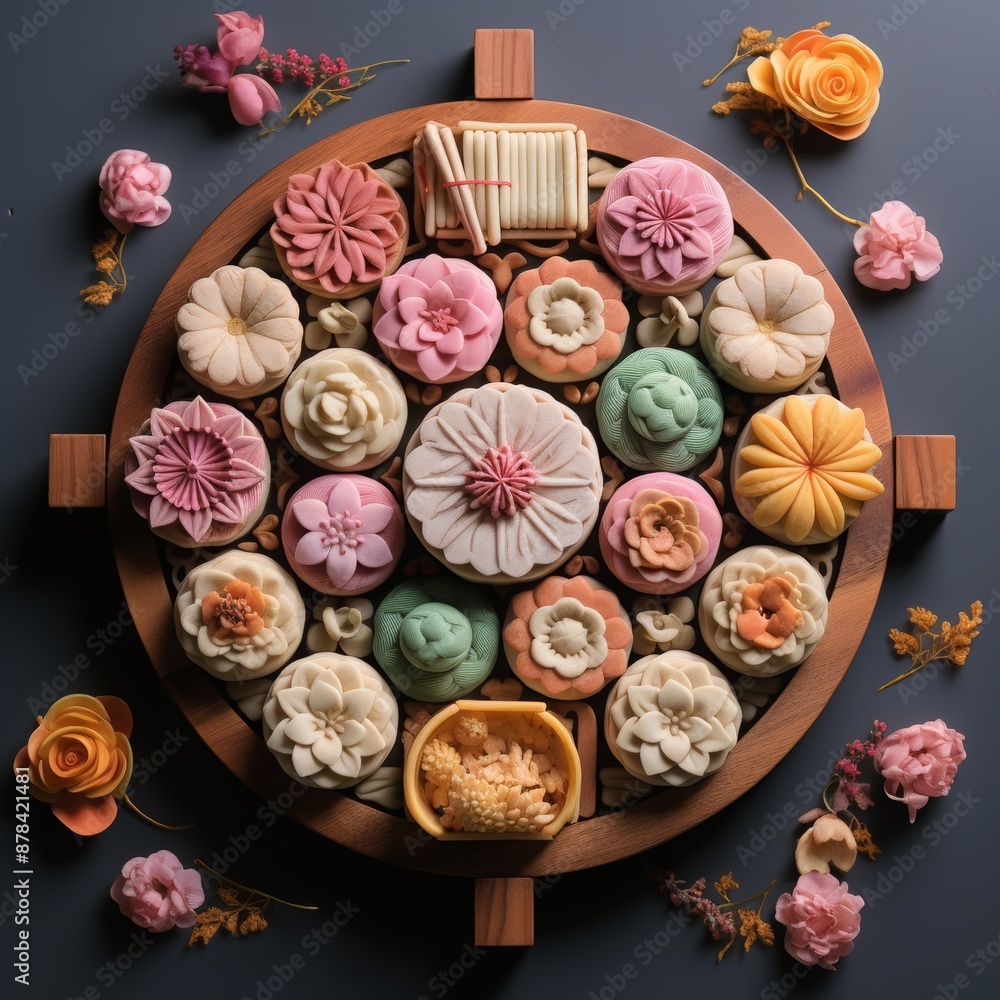 Fototapeta premium Mooncakes with delicate floral imprints on a wooden tray surrounded by peanuts, dried fruits, and walnuts. Soft light highlights intricate details, creating an elegant display.