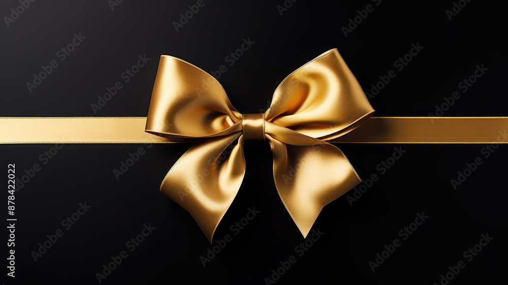 A shiny gold bow and ribbon on a sleek black background. A shiny gold bow and ribbon on a sleek black background.