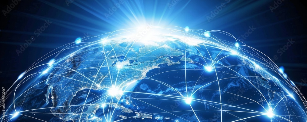 Abstract image of planet earth at night glowing with network connections spreading from the center, symbolizing global communications and internet technology Abstract image of planet earth at night glowing with network connections spreading from the center, symbolizing global communications and internet technology