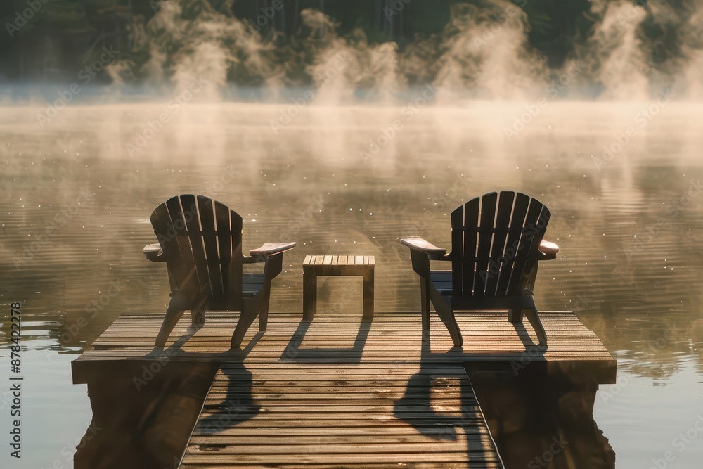 Fototapeta premium serene lakeside scene at dawn two empty adirondack chairs on wooden dock misty water warm sunlight casting long shadows
