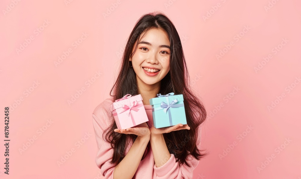 A cheerful young woman with long dark hair and smiling, holds two wrapped gift boxes against a pink background A cheerful young woman with long dark hair and smiling, holds two wrapped gift boxes against a pink background
