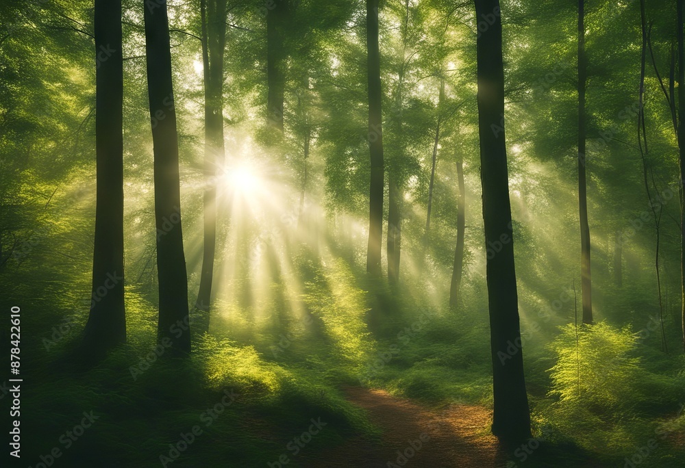 Obraz premium forest wood green sunlight landscape tree ray nature sun rays beautiful spring summer panorama