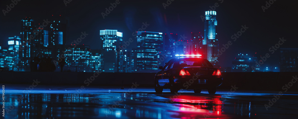 Police car with lights on in front of nighttime city skyline Police car with lights on in front of nighttime city skyline
