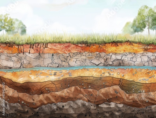 A cross-sectional illustration of soil and rock layers, focusing on groundwater, highlighting different textures and materials