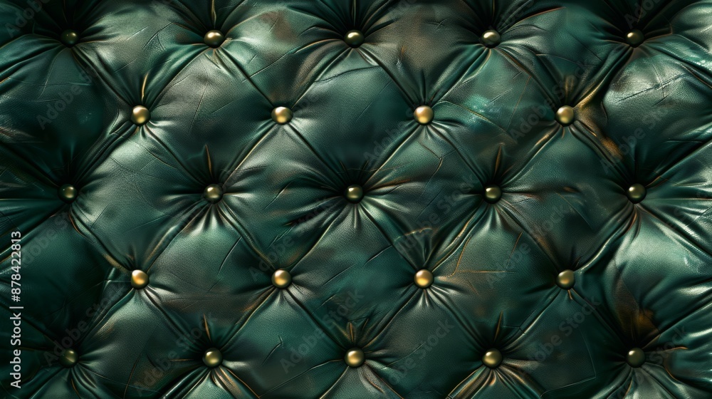 Fototapeta premium Luxurious green leather with golden buttons forms an elegant pattern, adding sophistication and style to any interior