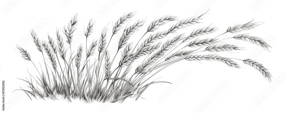 Fototapeta premium Detailed black and white drawing of wheat stalks swaying in the wind, capturing nature and agriculture essence. Evokes peaceful farm field ready for harvest, essential ingredient for baking