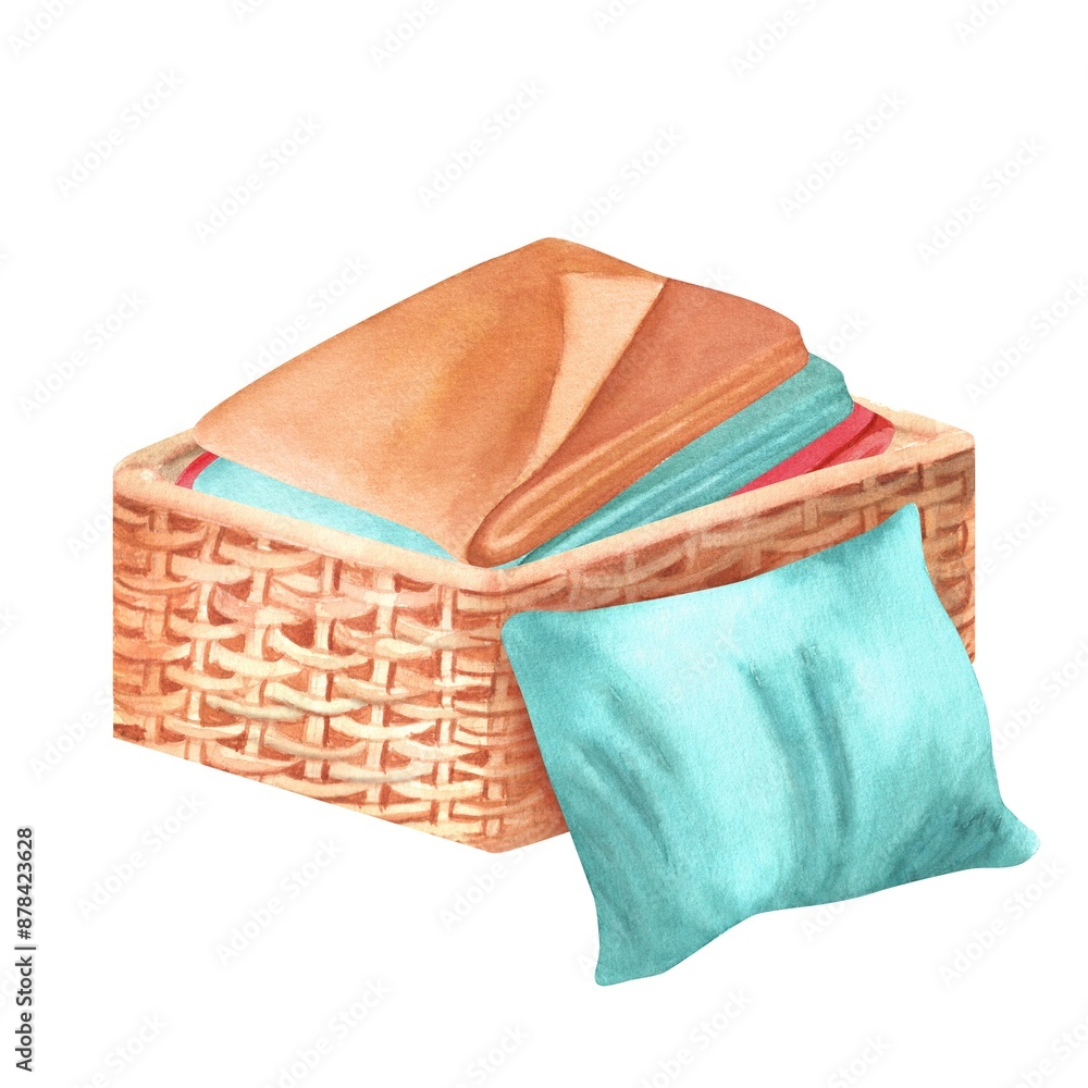 Naklejka premium Square wicker basket with Turquoise, orange and red blankets, towels in a stack and turquoise pillow. Hand-drawn watercolor illustration