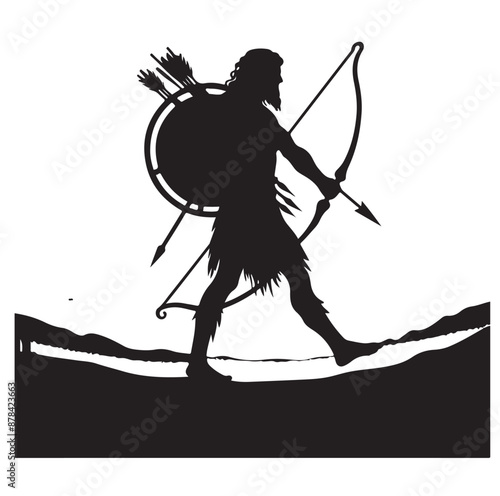 Silhouette of an ancient cavalry soldier aiming with archery weapon