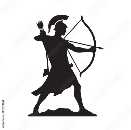 Silhouette of an ancient cavalry soldier aiming with archery weapon