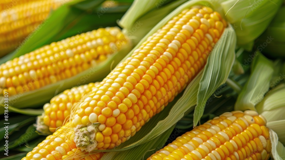 A close up of corn on the cob with green leaves in nature A close up of corn on the cob with green leaves in nature
