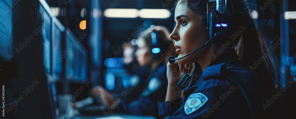 Fototapeta premium Female police officer working late night shift in a control room