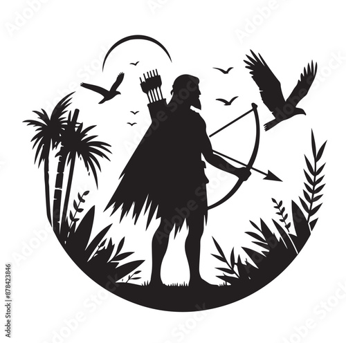 Silhouette of an ancient cavalry soldier aiming with archery weapon