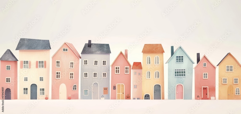 Row of colorful houses with white background. Row of colorful houses with white background.