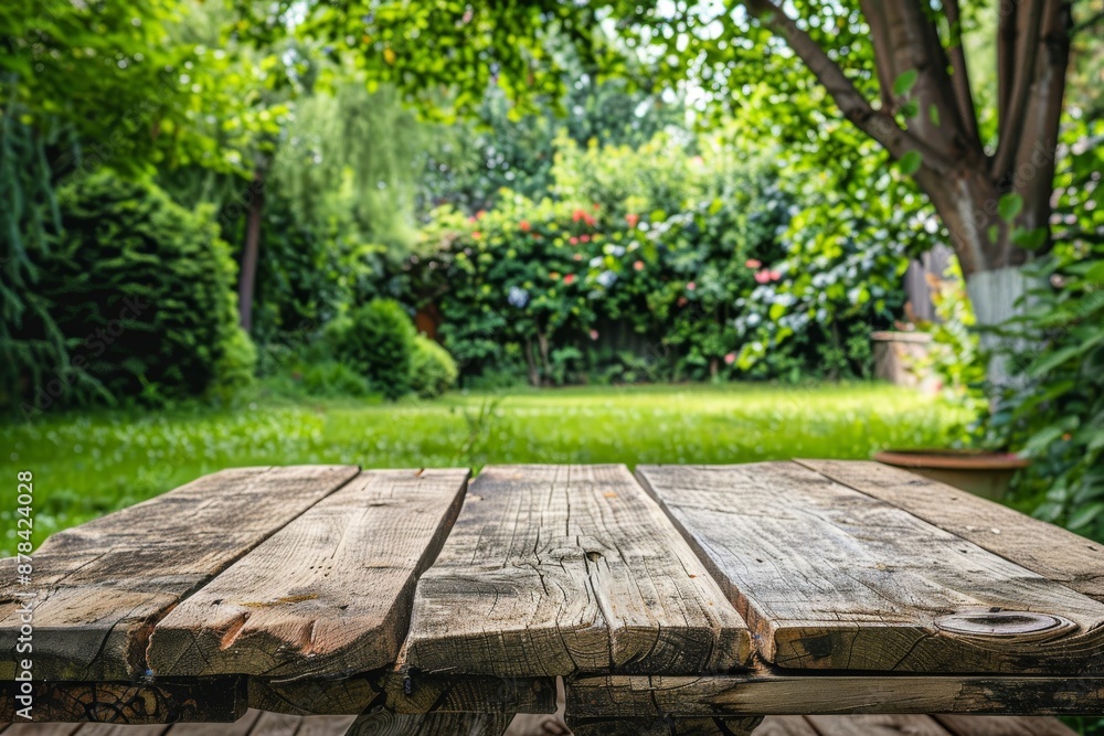 Rustic wooden table top with blurred background of a lush green garden. Perfect for showcasing products or creating a natural, inviting scene. Rustic wooden table top with blurred background of a lush green garden. Perfect for showcasing products or creating a natural, inviting scene.